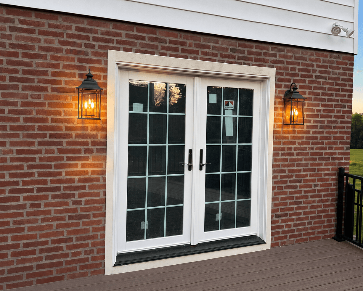 White-framed double patio doors with black handles and grid-pattern windows on red brick exterior wall, flanked by illuminated black lantern sconces