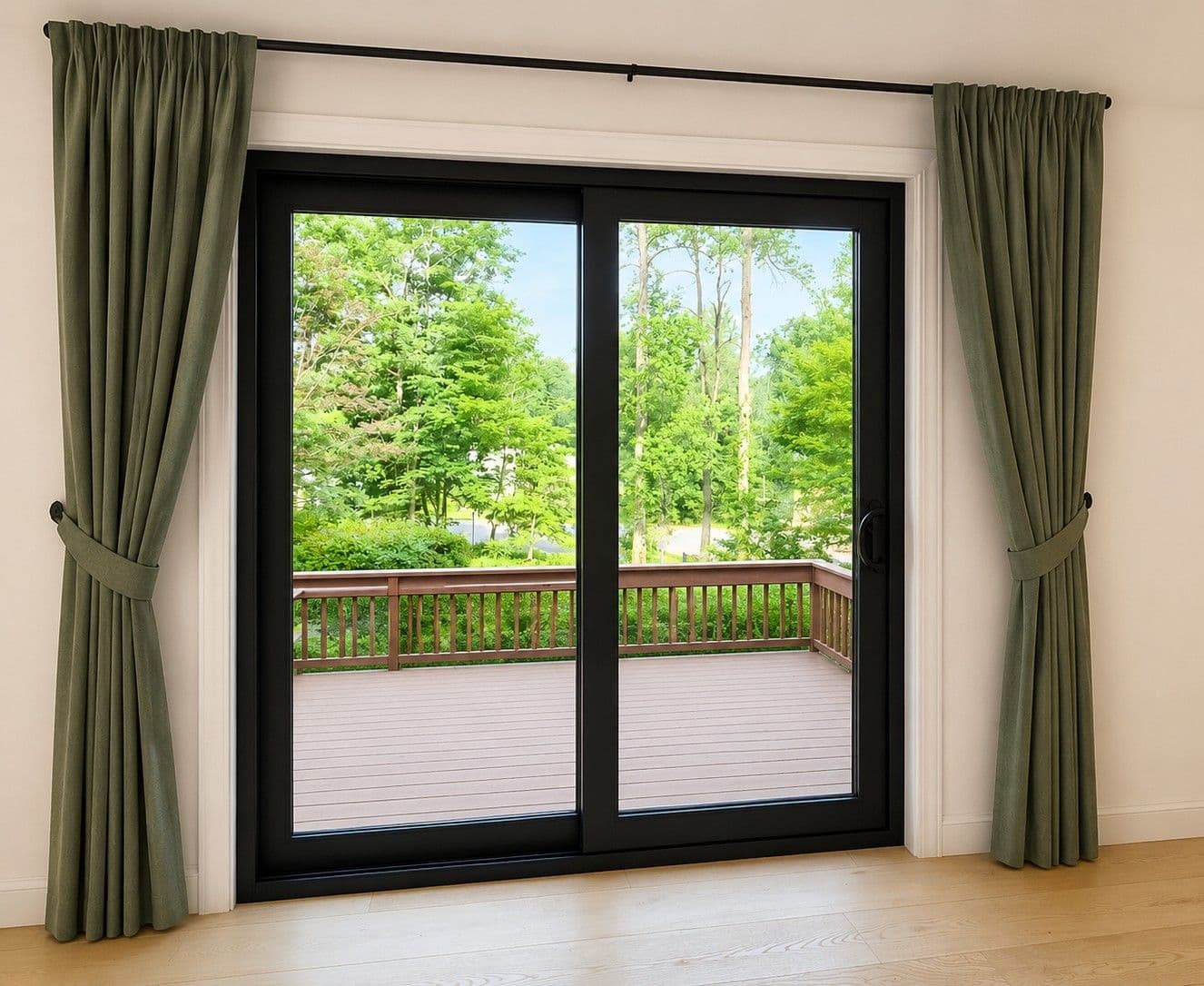 Black double sliding glass doors with olive green curtains open onto a wooden deck overlooking green trees and sky